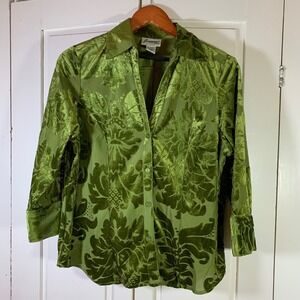Vintage Joanna Green Floral Velvet Burnout Long Sleeve Button Down Shirt Medium